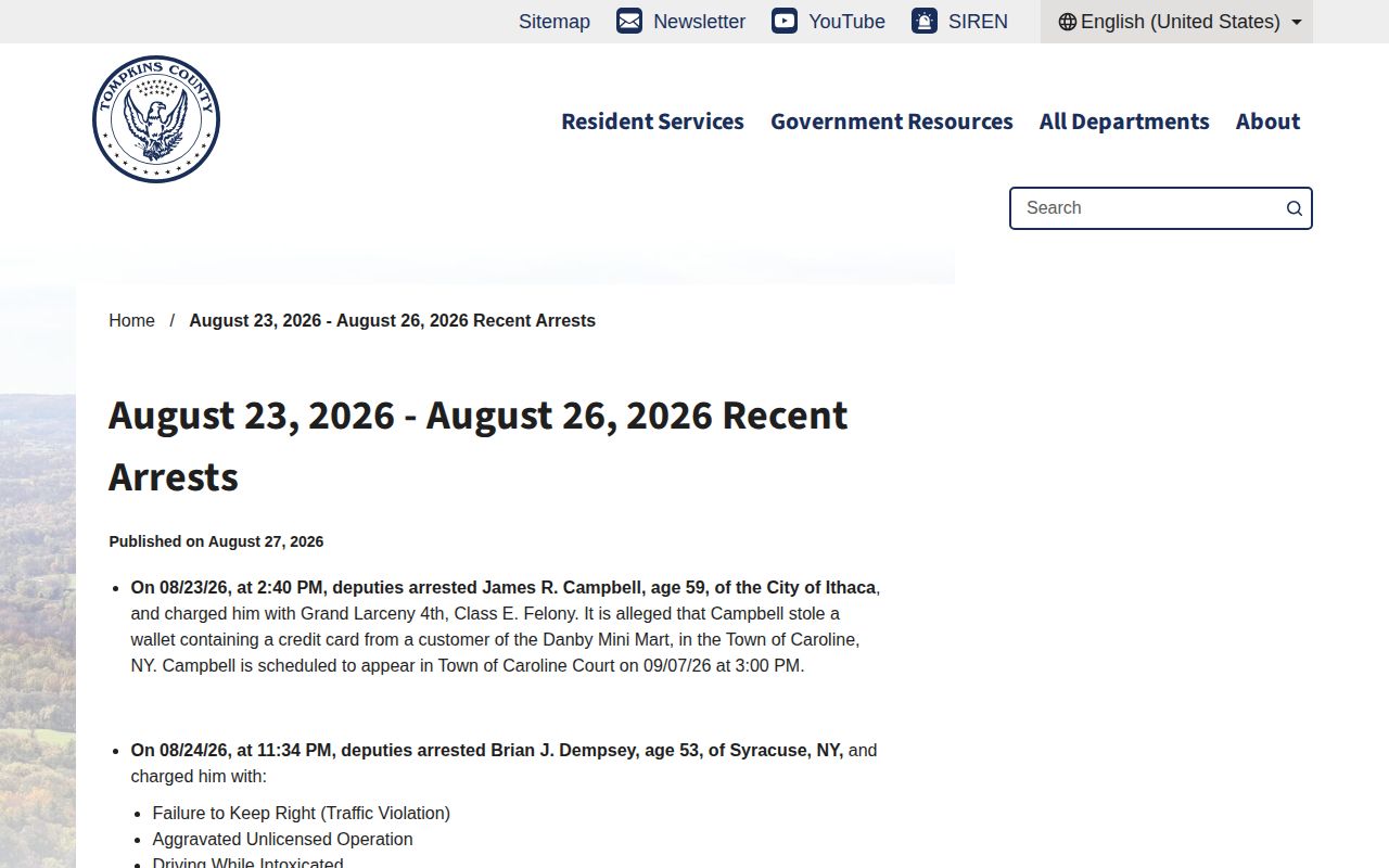 Tompkins County recent arrest booking record source