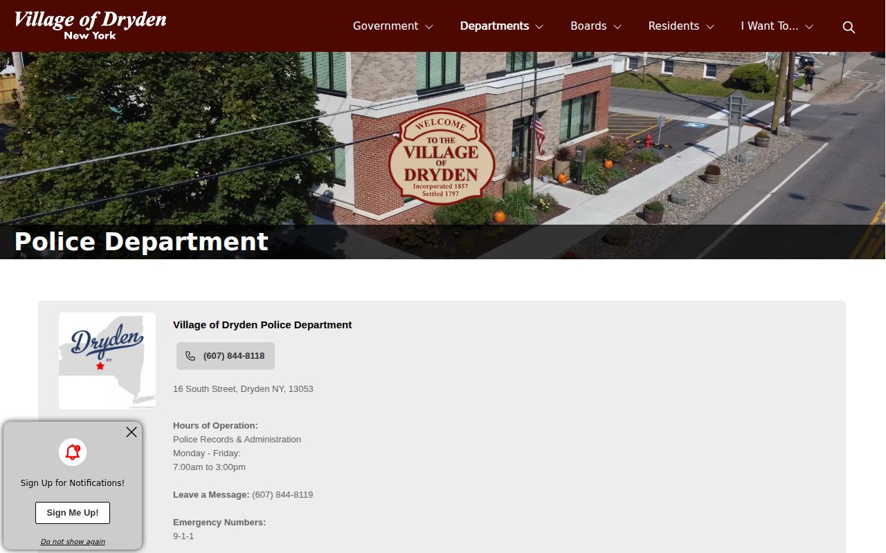 Village of Dryden Police Department page for Dryden arrest records